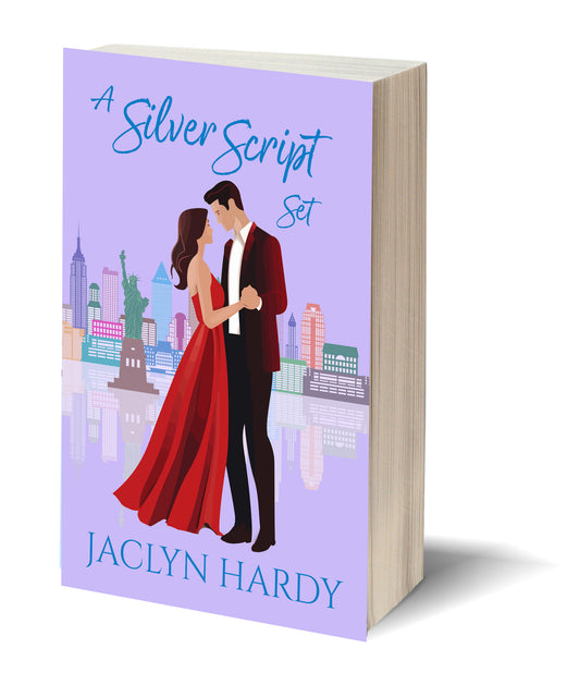 Book cover of 'A Silver Script Set' by Jaclyn Hardy with a couple dancing in front of a city skyline.